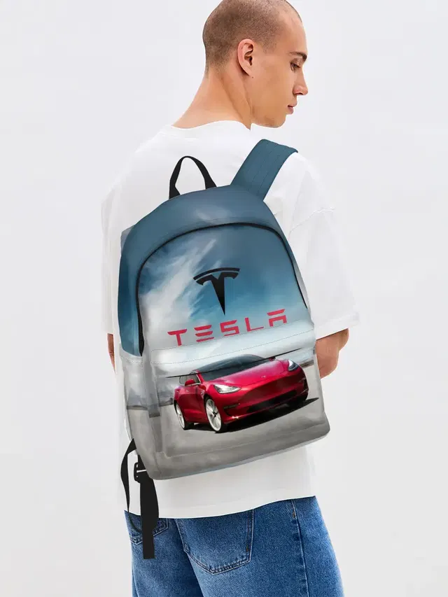 Джинсовый рюкзак с принтом «Tesla — Tesla Model 3»
