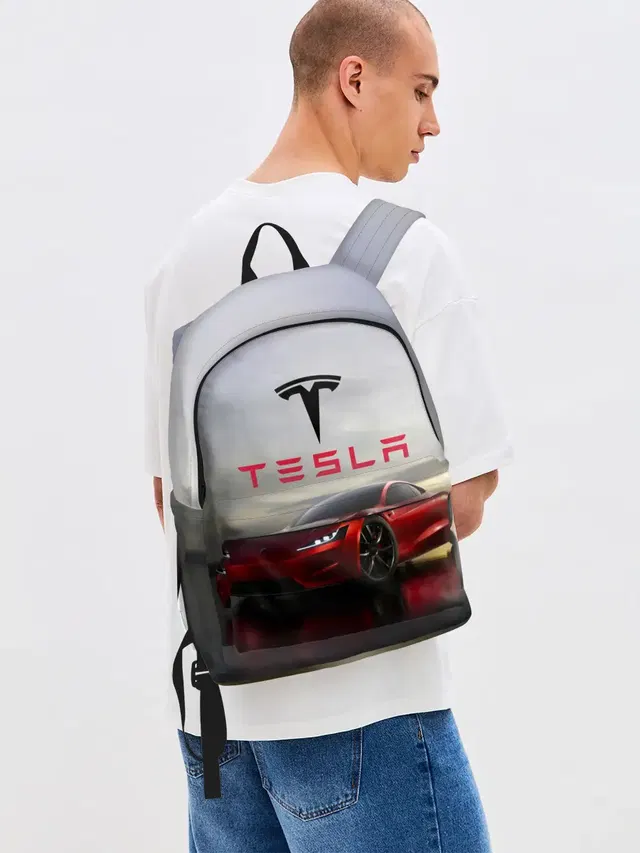 Джинсовый рюкзак с принтом «Tesla — Tesla Roadster»
