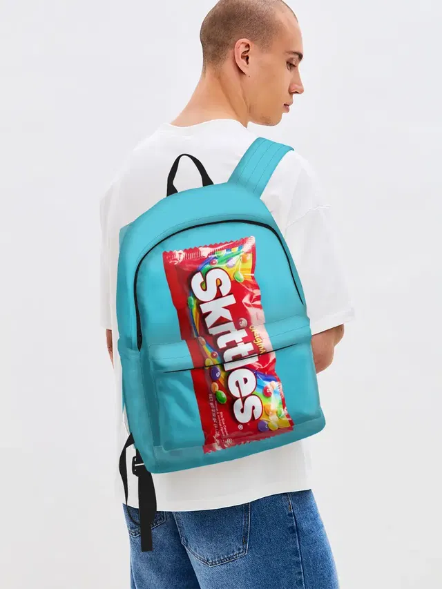 Джинсовый рюкзак с принтом «Еда — Skittles original»
