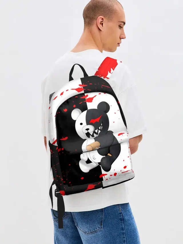 Джинсовый рюкзак с принтом «monokuma с молотком»
