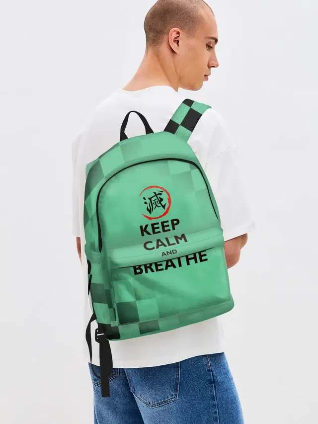 Джинсовый рюкзак с принтом «Клинок, рассекающий демонов — KEEP CALM and BREATHE»