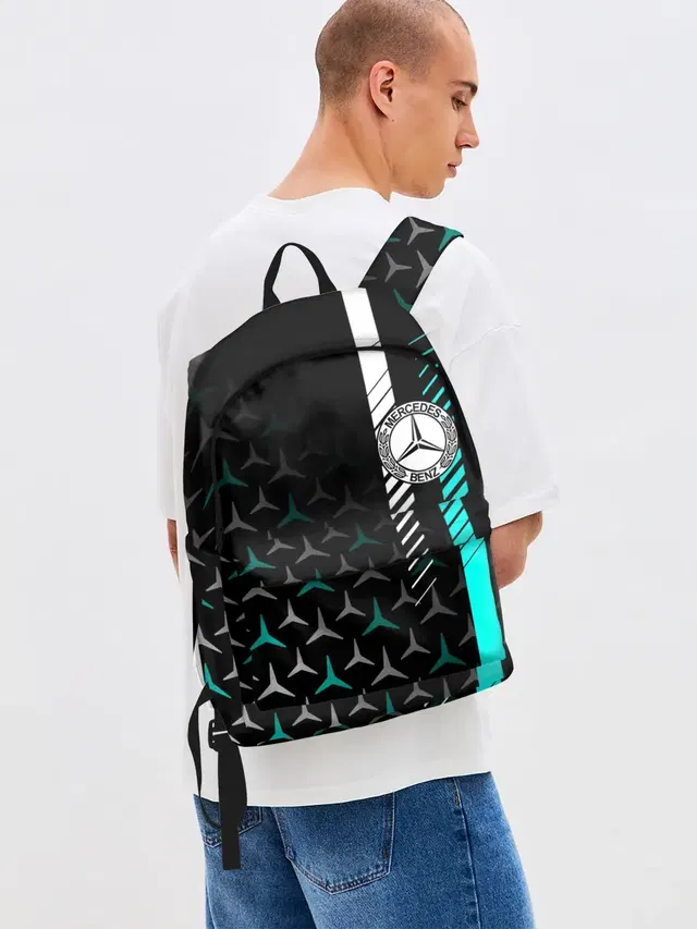 Джинсовый рюкзак с принтом «Merсedes — МЕРСЕДЕС — AQUA BLACK GRADIENT»