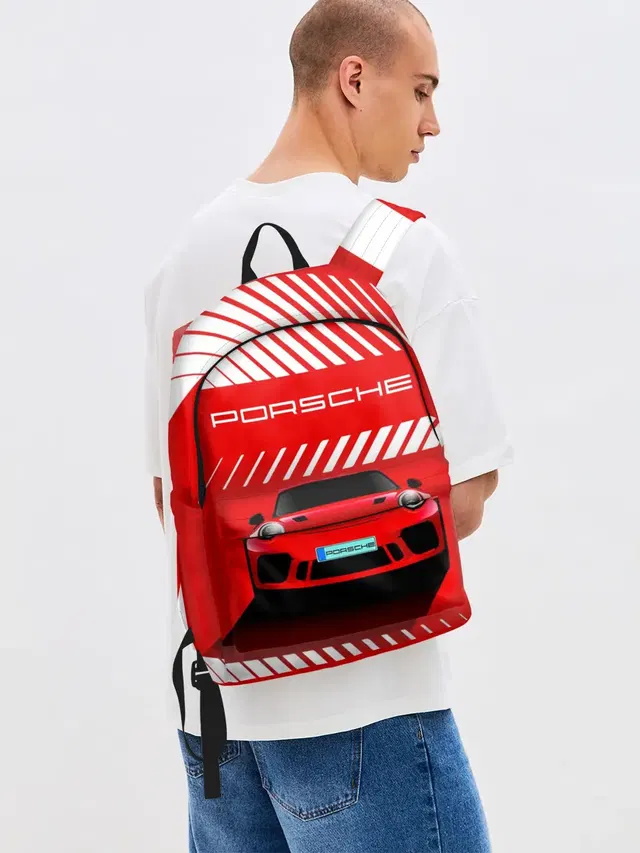 Джинсовый рюкзак с принтом «Porsche Порше RED Style — ПОРШЕ — RED STYLE»