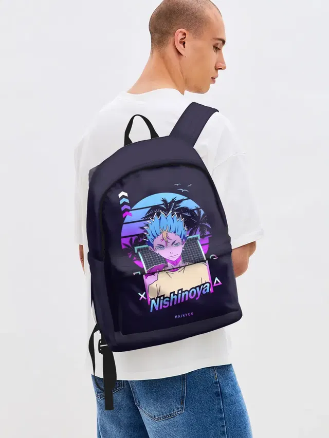 Джинсовый рюкзак с принтом «Haikyuu!! — Юу Нишиноя в стиле киберпанк»