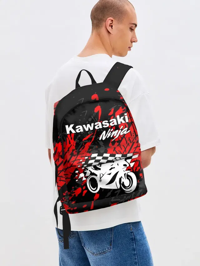 Джинсовый рюкзак с принтом «Разные мотоциклы — KAWASAKI NINJA — КАВАСАКИ»