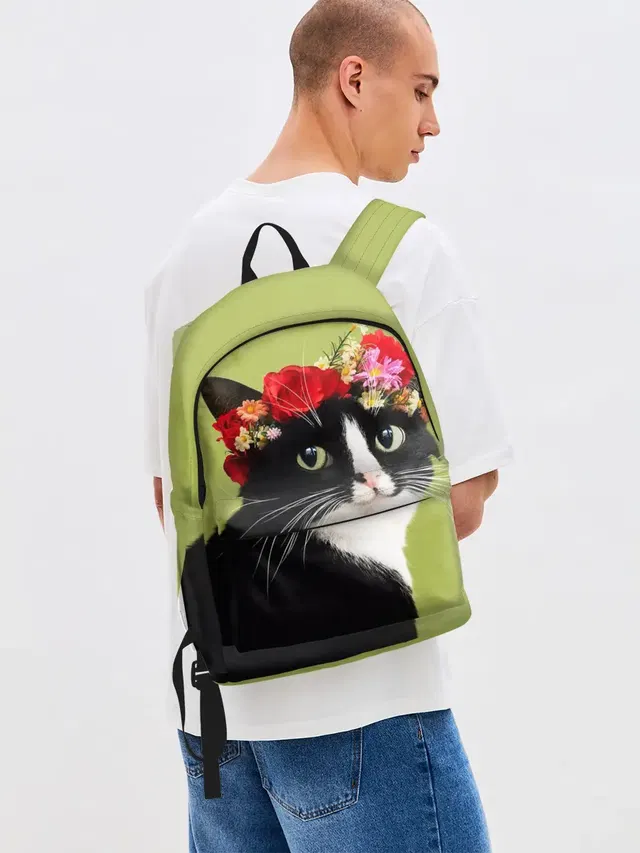 Джинсовый рюкзак с принтом «Коты и кошки — Кот и цветы»