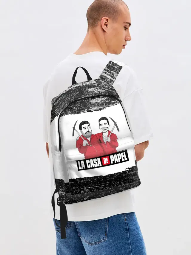 Джинсовый рюкзак с принтом «Бумажный дом — Moscow — Rio — La Casa de Papel»