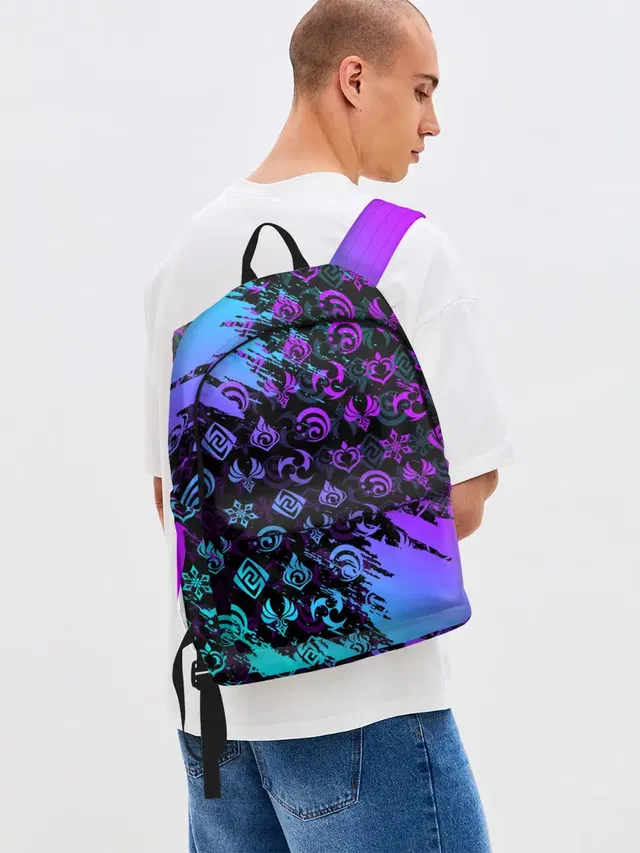 Джинсовый рюкзак с принтом «Геншин Импакт — GENSHIN NEON PATTERN SYMBOL — НЕОН ЭМБЛЕМЫ»