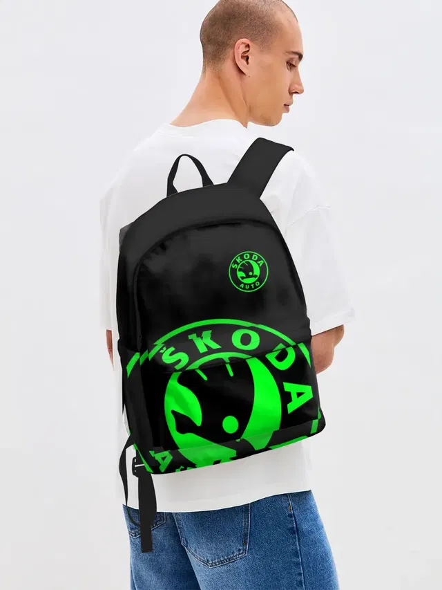 Джинсовый рюкзак с принтом «Skoda — SKODA GREEN LOGO BLACK STYLE»