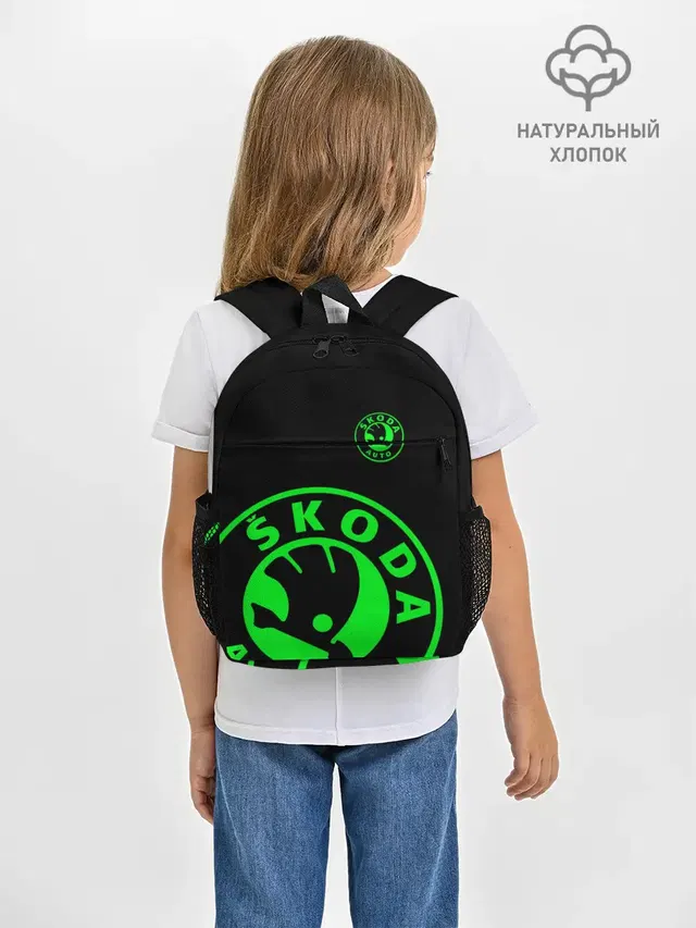 Рюкзак детский с принтом «Skoda — SKODA GREEN LOGO BLACK STYLE»