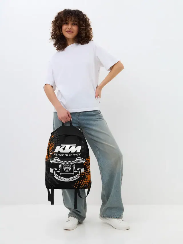 Джинсовый рюкзак с принтом «Разные мотоциклы — KTM MOTORCYCLES — КТМ МОТОЦИКЛЫ»