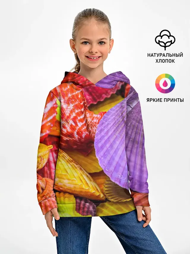 Детское худи с принтом «Природа — Разноцветные ракушки multicolored seashells»