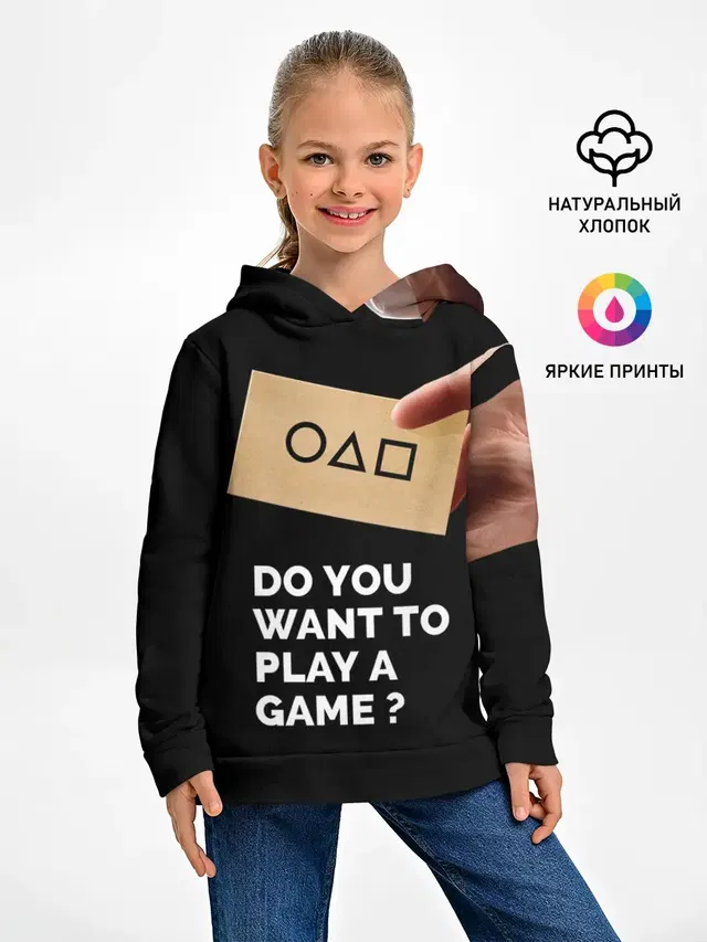Детское худи с принтом «Игра в кальмара — Squid game: Do you want to play a game?»