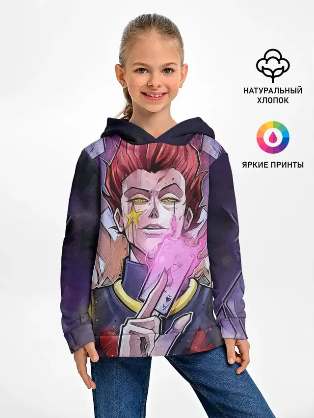 Детское худи с принтом «Hisoka Morow — Хисока со светящейся картой в руках»