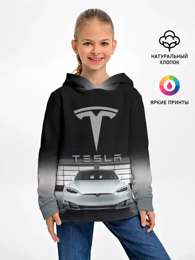 Детское худи с принтом «Разные автомобильные — TESLA»