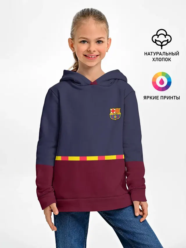 Детское худи с принтом «Барселона — FC Barcelona — Flag and team Logo»