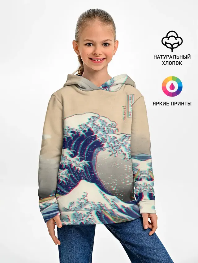 Детское худи с принтом «Vaporwave — Kanagawa Wave Glitch Art»