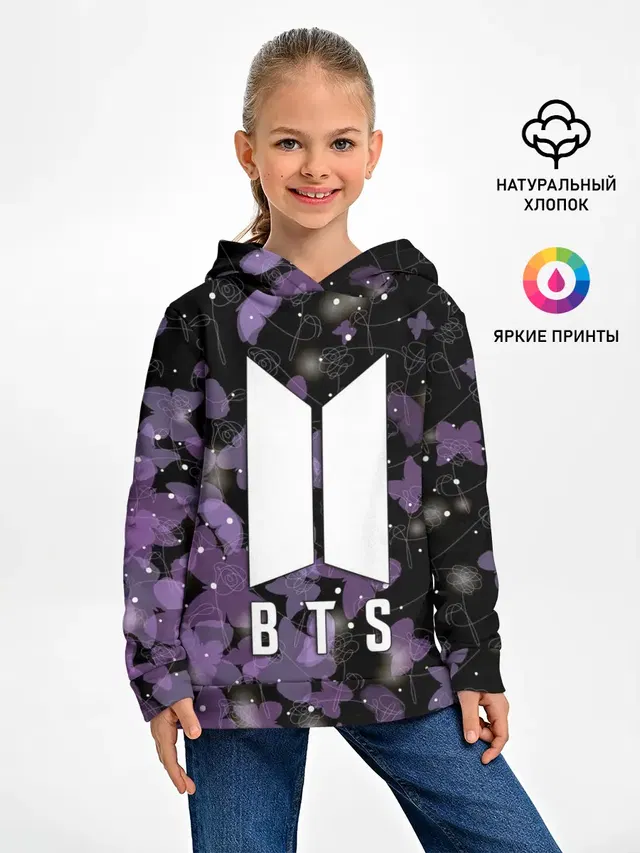 Детское худи с принтом «BTS — BTS BUTTERFLIES — БАБОЧКИ»