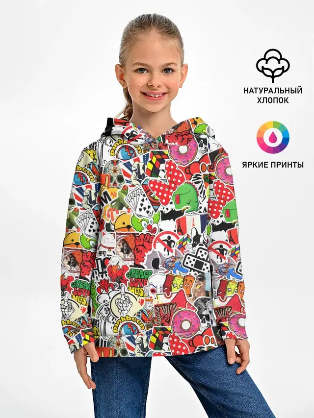 Детское худи с принтом «Кубик Рубика — Sticker Bombing»