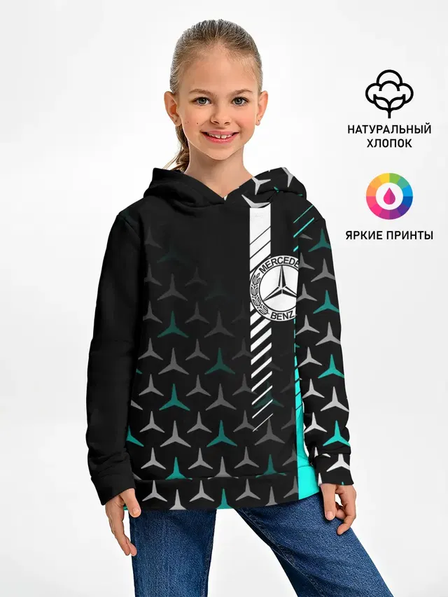 Детское худи с принтом «Merсedes — МЕРСЕДЕС — AQUA BLACK GRADIENT»