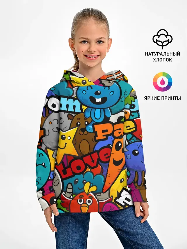 Детское худи с принтом «Хиппи — LOVE — PEACE — PARTY»