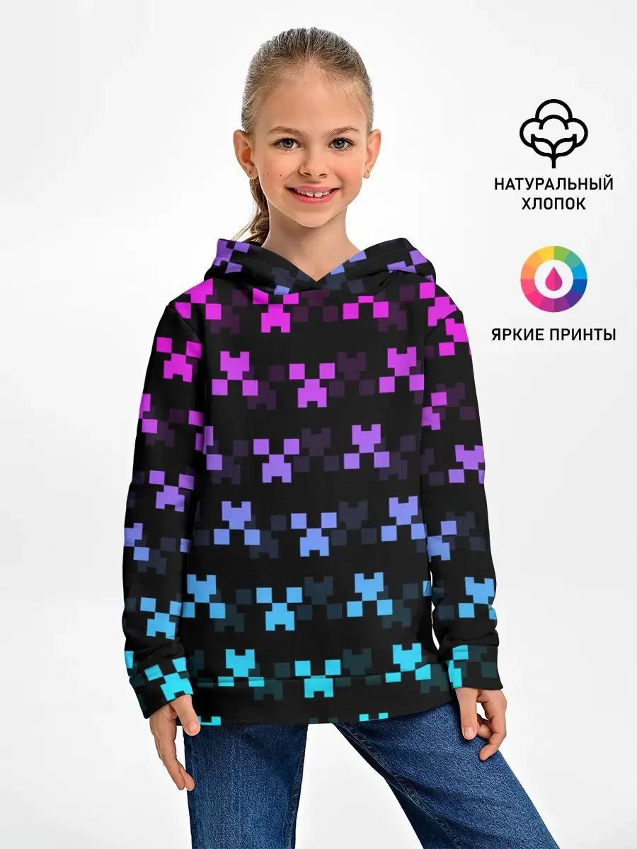 Детское худи с принтом «MINECRAFT CREEPER NEON», вид спереди