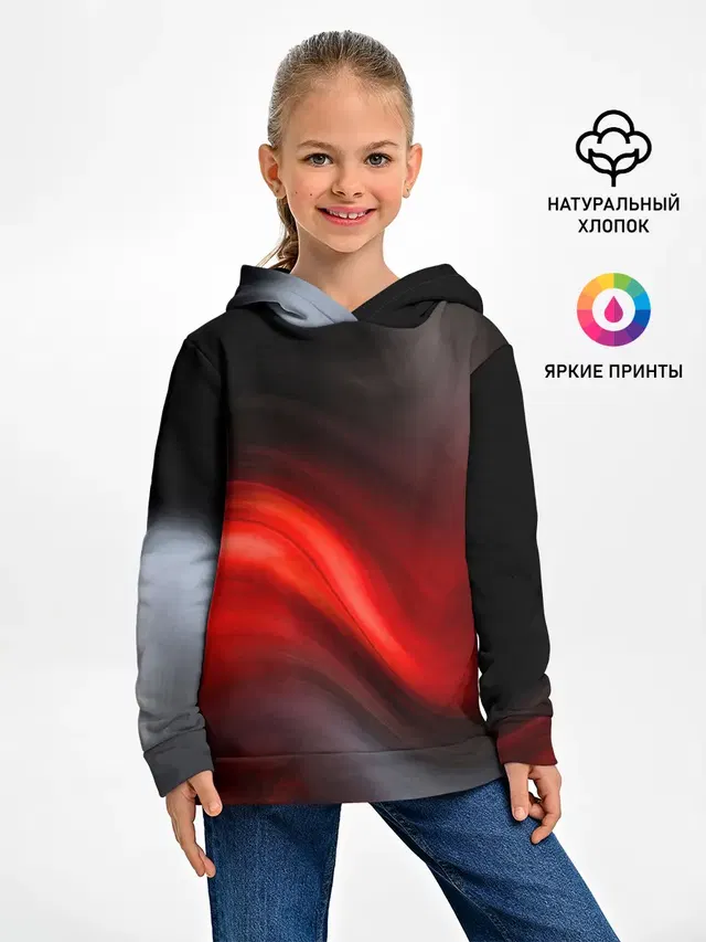 Детское худи с принтом «Абстракция — BLACK RED WAVES»