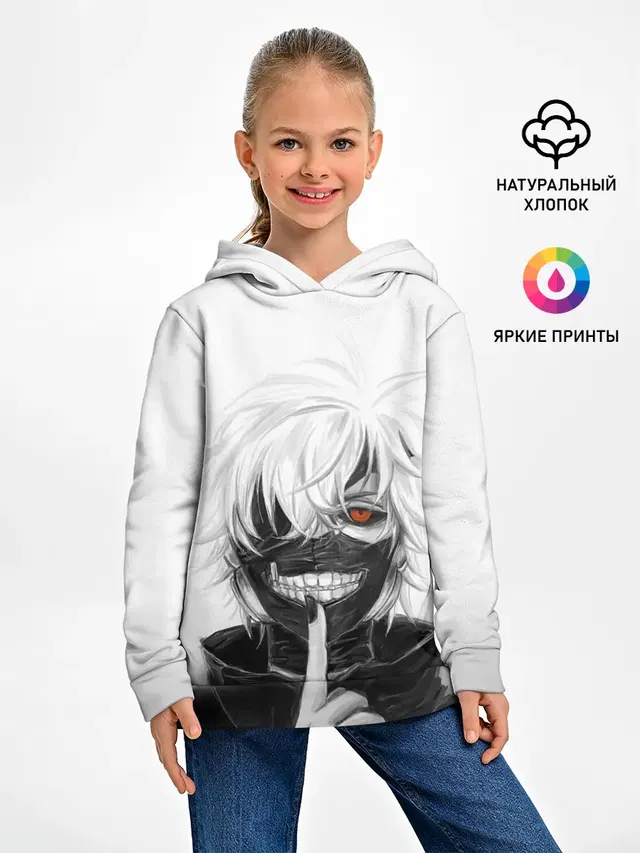 Детское худи с принтом «Токийский Гуль — Kaneki Ken в анфас»