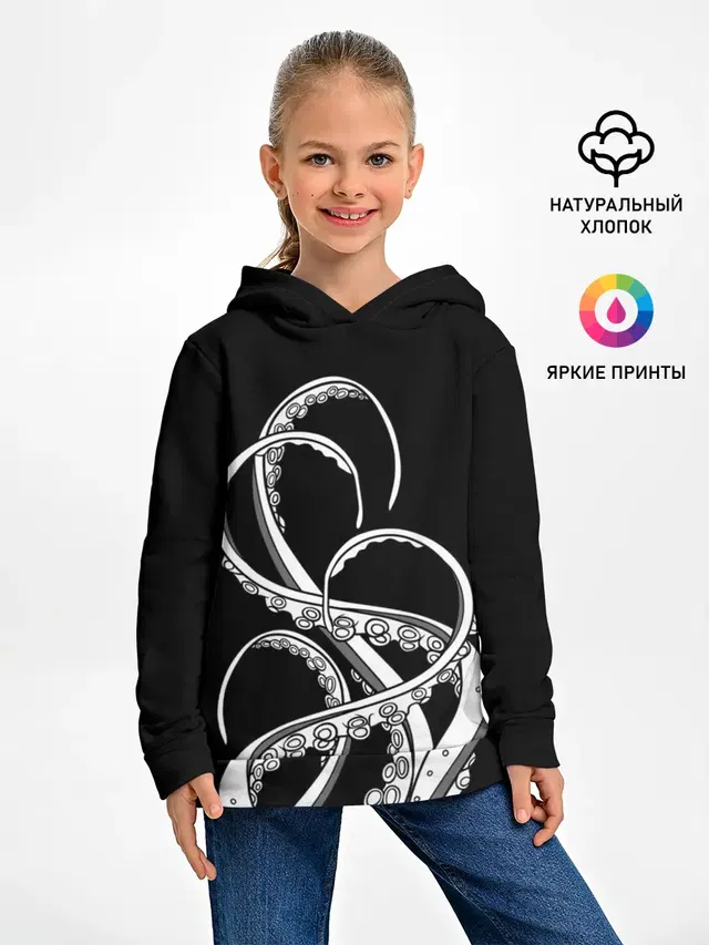 Детское худи с принтом «Рыбы — Octopus Black and White»