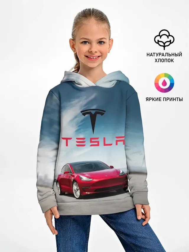 Детское худи с принтом «Tesla — Tesla Model 3»