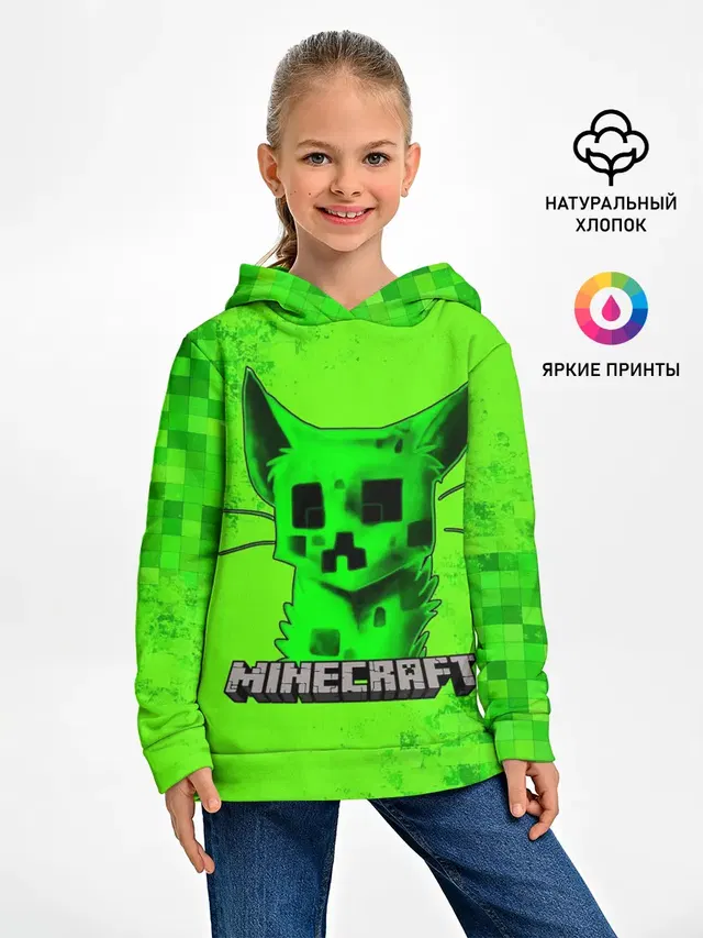 Детское худи с принтом «Майнкрафт — MINECRAFT CREEPER CAT»