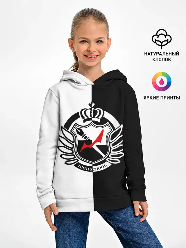 Детское худи с принтом «MONOKUMA SCHOOL с фоном»