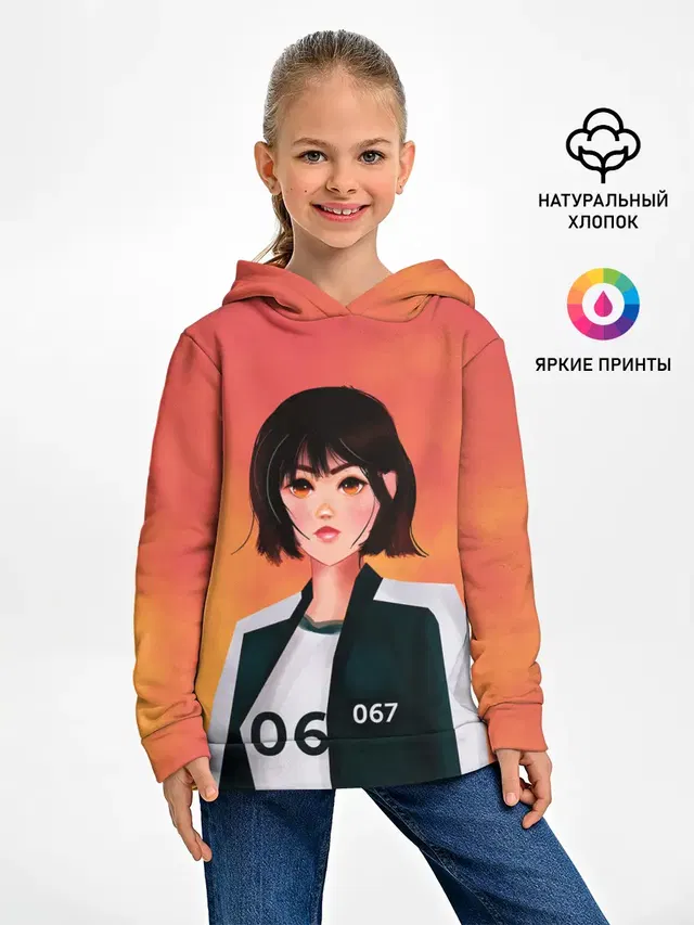 Детское худи с принтом «Игра в кальмара — Красавица 067»