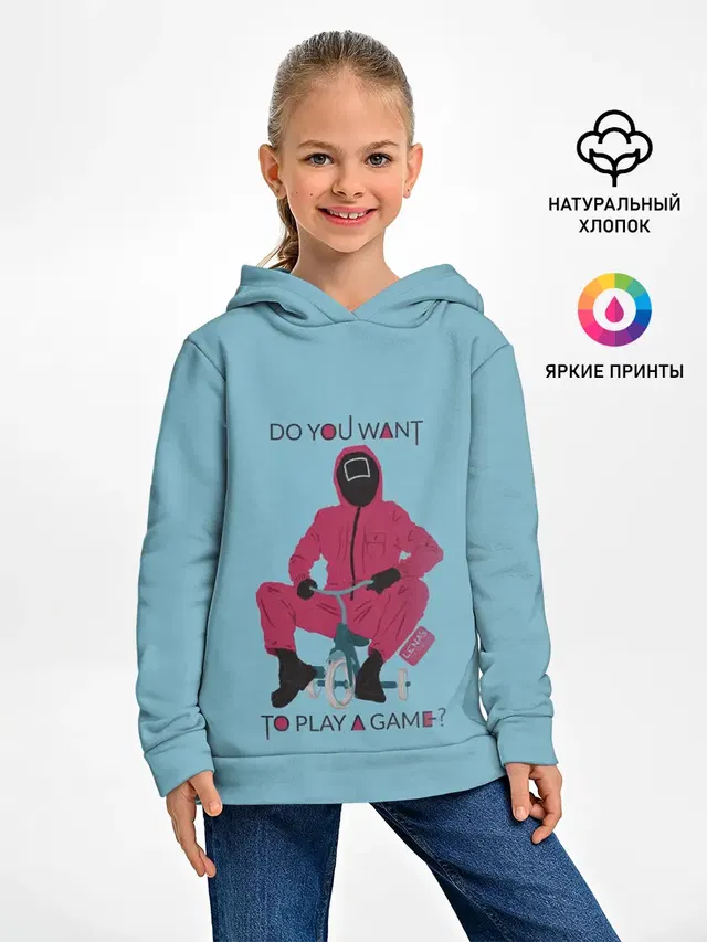 Детское худи с принтом «Игра в кальмара — ИГРА В КАЛЬМАРА DO YOU WANT TO PLAY A GAME?»