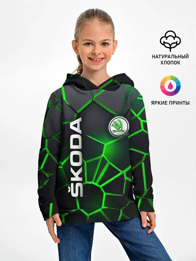 Детское худи с принтом «Skoda — 3D плиты с подсветкой Шкода»