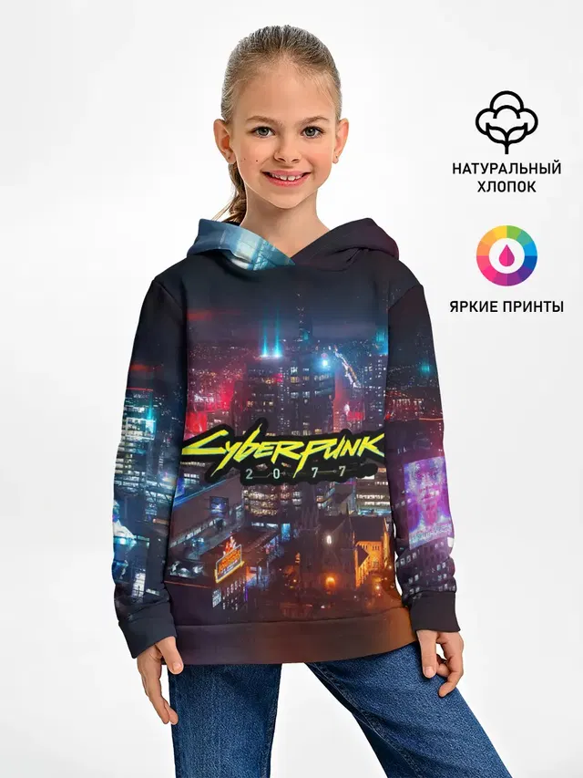 Детское худи с принтом «Cyberpunk 2077 — Найт сити»