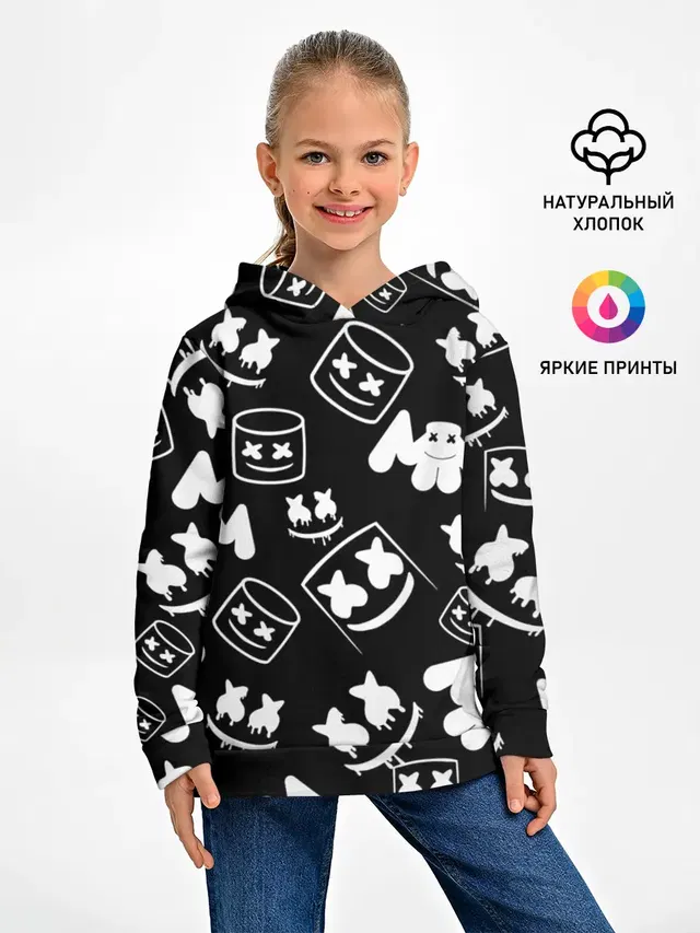 Детское худи с принтом «Marshmello — Marshmello ЧБ»