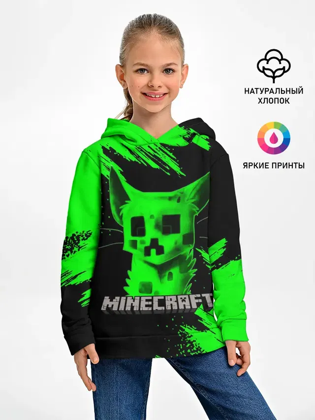 Детское худи с принтом «Майнкрафт — MINECRAFT CREEPER CAT»
