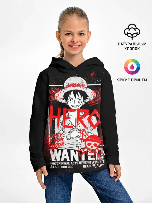 Детское худи с принтом «Ван Пис — One Piece: Разыскивается Манки Д Лаффи»