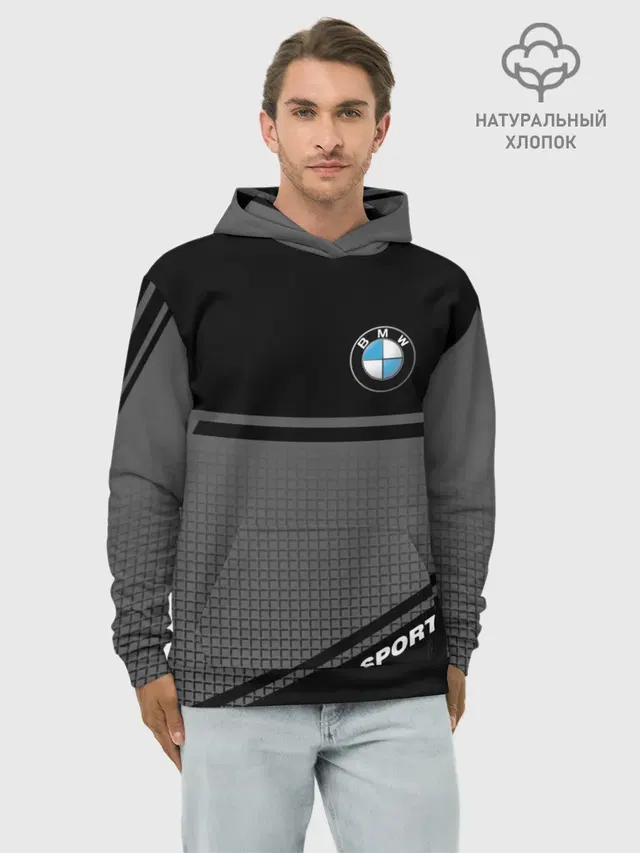 Худи мужской базовый хлопок с принтом «BMW — BMW SPORT — БМВ СПОРТ»