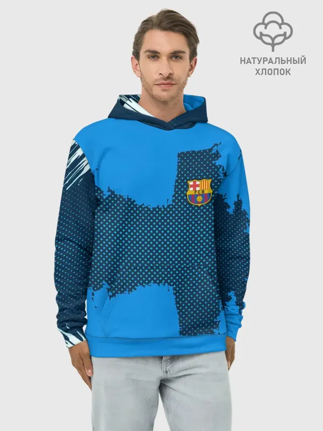 Худи мужской базовый хлопок с принтом «Барселона — BARCELONA SPORT BLUE»