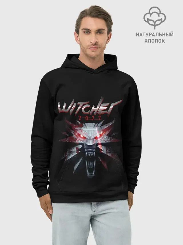 Худи мужской базовый хлопок с принтом «Cyberpunk 2077 — WITCHER 2077»