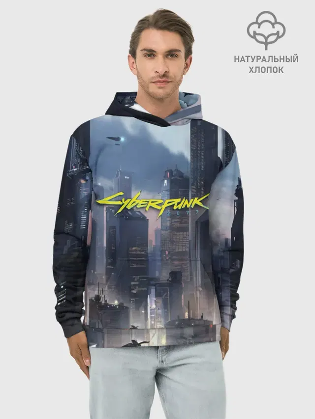 Худи мужской базовый хлопок с принтом «Cyberpunk 2077 — Cyberpunk 2077 city»