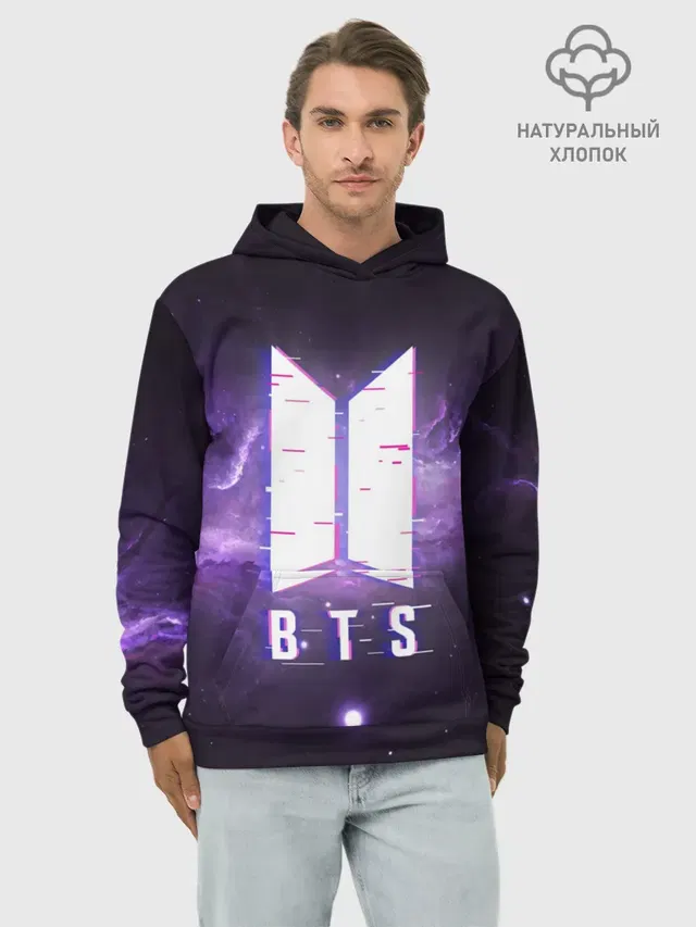 Худи мужской базовый хлопок с принтом «BTS — BTS SPACЕ 3D — БТС КОСМОС»