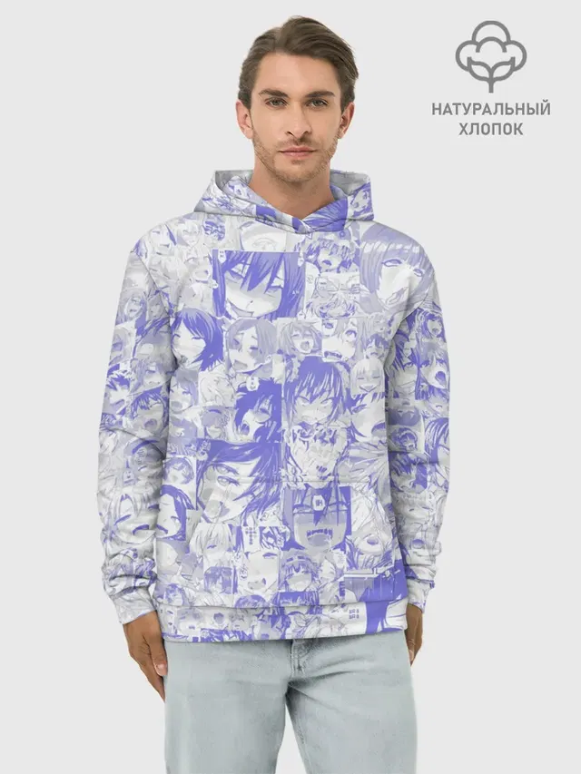 Худи мужской базовый хлопок с принтом «Ahegao — AHEGAO BLUE»