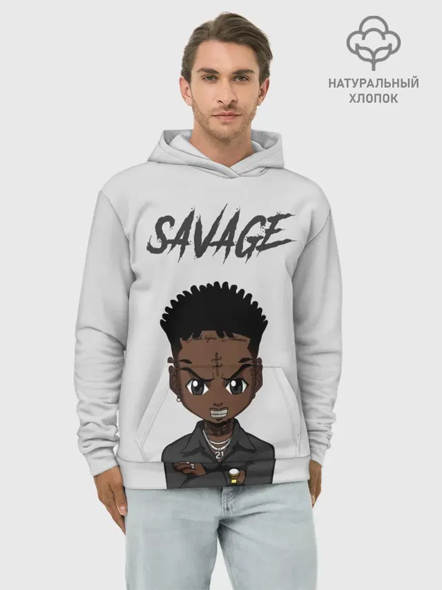 Худи мужской базовый хлопок с принтом «Зарубежные — 21 Savage»