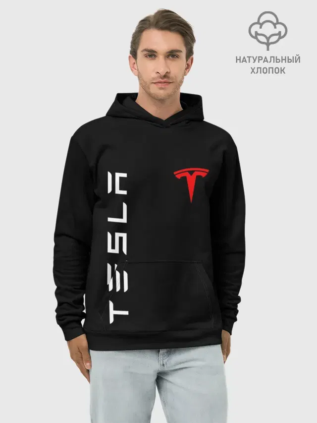 Худи мужской базовый хлопок с принтом «Разные автомобильные — TESLA»