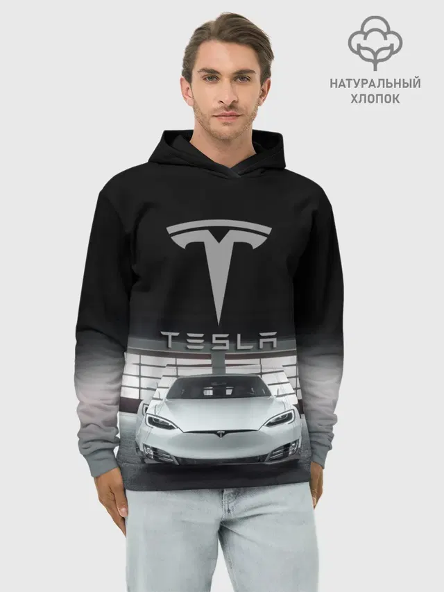 Худи мужской базовый хлопок с принтом «Разные автомобильные — TESLA»