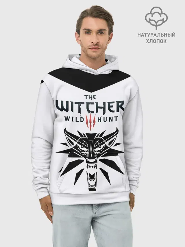 Худи мужской базовый хлопок с принтом «Wolf School Medallion — THE WITCHER 3: WILD HUNT»