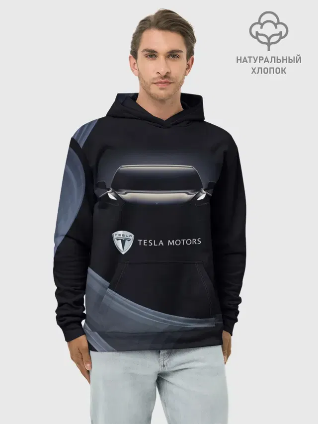Худи мужской базовый хлопок с принтом «Разные автомобильные — Tesla Model 3»